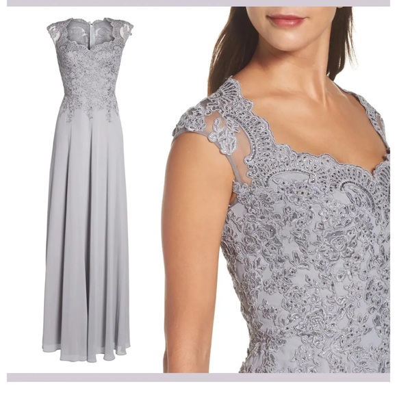 La Femme Silver Embroidered & Embellished Cap Sleeve Gown- New With Tag -Reemoly - Picture 3 of 17